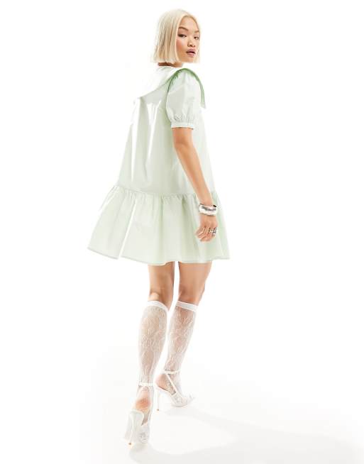 Urban Revivo button up mini smock dress with oversized collar in light green, 3 of 4