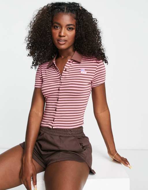 Urban Revivo button up polo top with flower badge in stripe