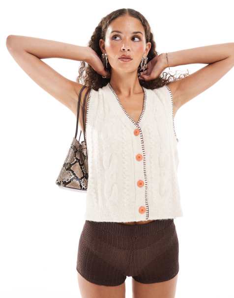 Urban Revivo cable knit fuzzy sleevelss cardigan in beige - view 1