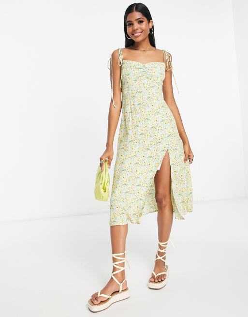 Urban Revivo cami midi dress with front split in yellow print | ASOS