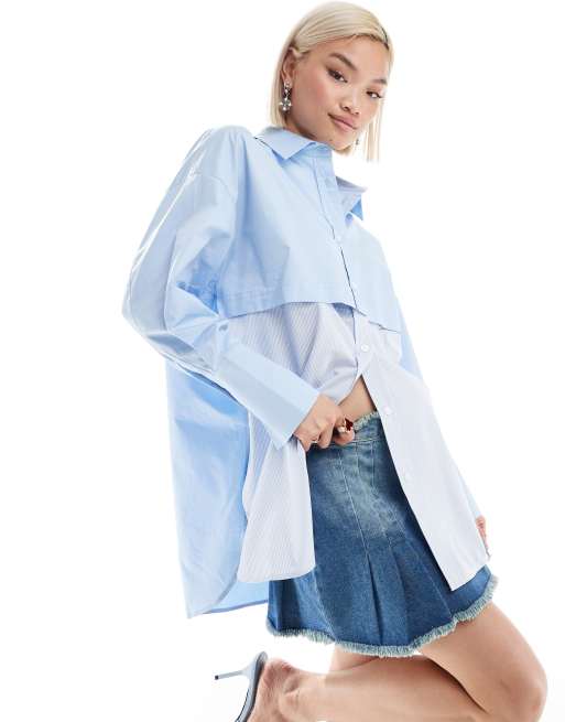 Urban Revivo - Camicia oversize combinata in popeline blu