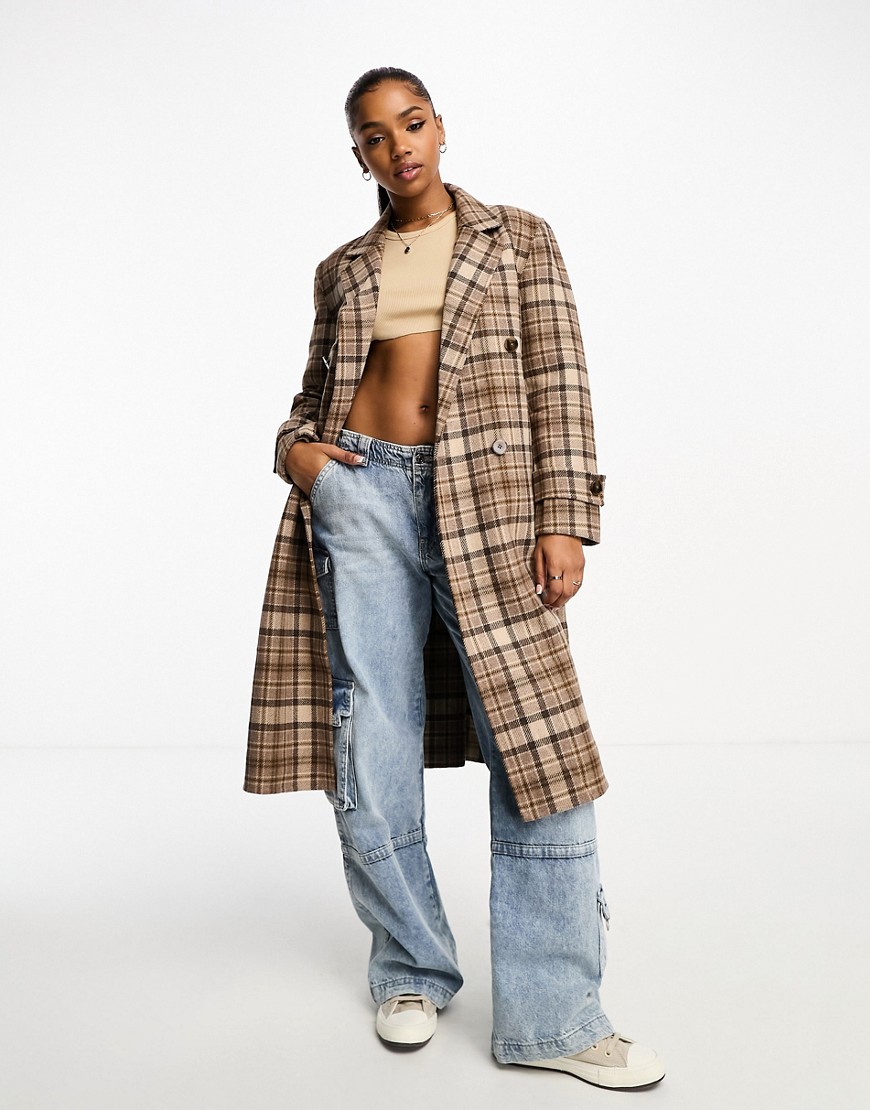 Urban Revivo check print double breasted long coat in brown