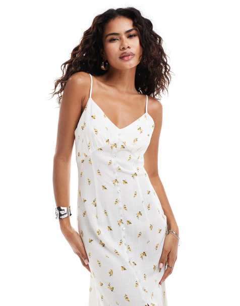 Urban Revivo chintzy floral button through cami midi dress in white - view 1