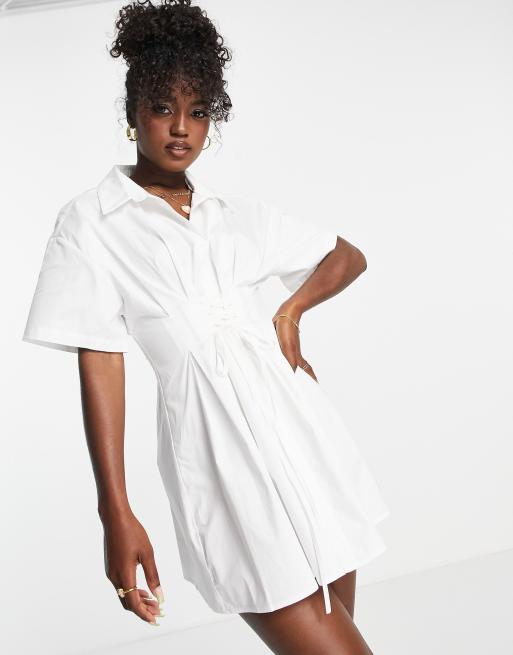 Button Down Bell Sleeve Cinched Waist Mini Shirt Dress White