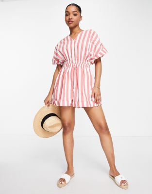 Urban Revivo cinched waist playsuit in red stripe  - ASOS Price Checker