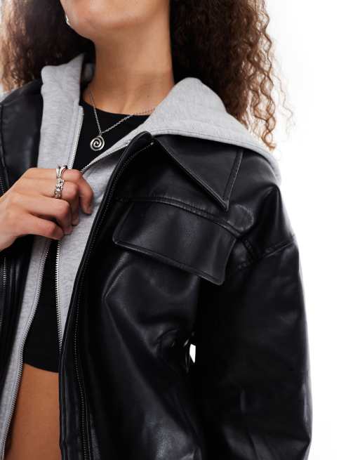 Urban Revivo classic oversized faux leather bomber jacket in black, 3 of 4
