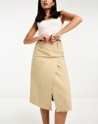 Urban Revivo clean asymmetric midi skirt in stone - ASOS Price Checker