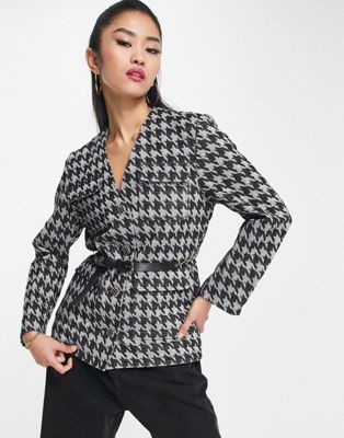 Urban Revivo co-ord blazer jacket with chain detailing in black and white houndstooth