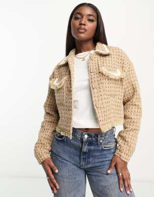 Urban Revivo co-ord cropped textured tweed jacket in brown check - ASOS Price Checker