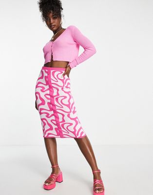 Urban Revivo co-ord knitted midi skirt in pink swirl print