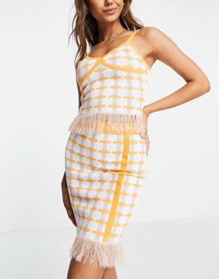 Urban Revivo co-ord knitted mini skirt with fringing in orange check  - ASOS Price Checker