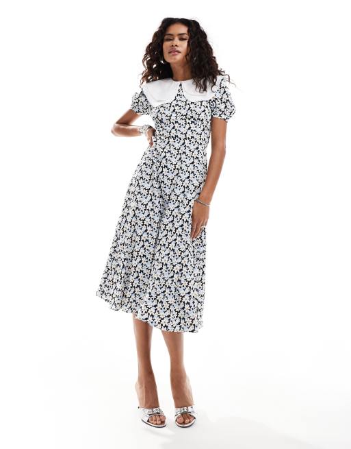 Urban Revivo collar detail chintzy floral midi dress in black and