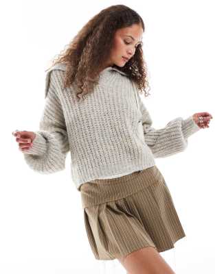 Urban Revivo collar detail ribbed jumper in beige marl-Neutral