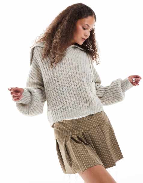 Urban Revivo collar detail ribbed jumper in beige marl - view 1
