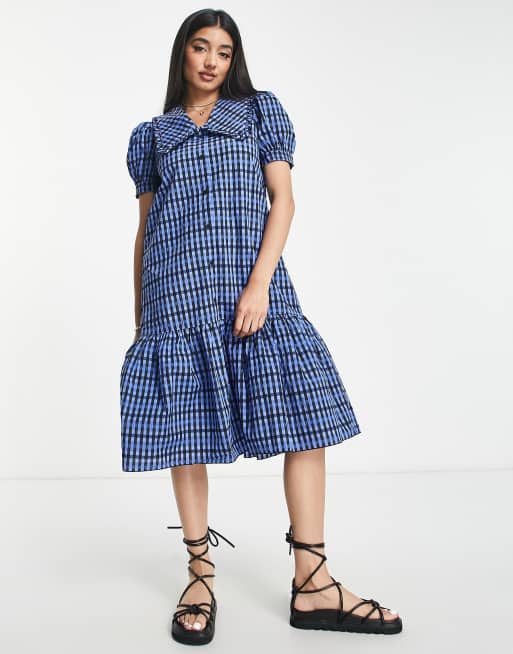 Urban Revivo collared smock dress in blue check print