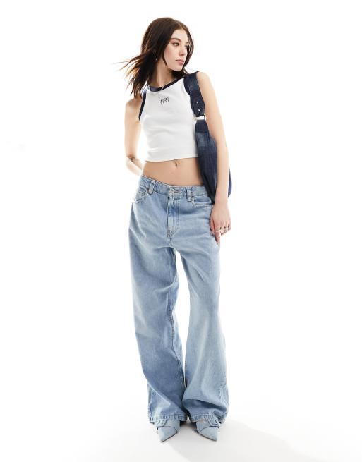 Urban Revivo contrast ringer racer vest with mini slogan in white and navy
