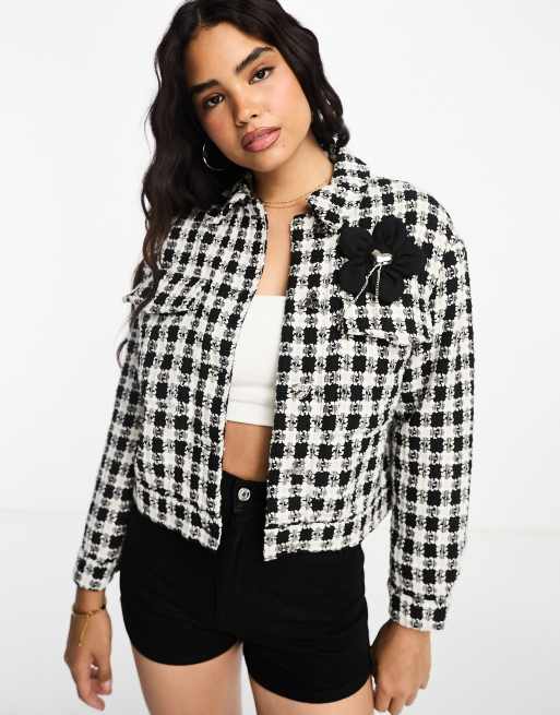 Urban Revivo corsage detail boucle bomber jacket in black and white gingham