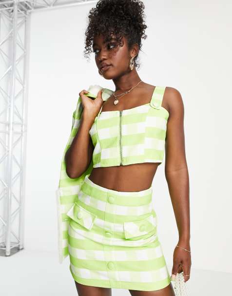 Urban Revivo - Crop top d'ensemble en tweed à carreaux - Vert - view 1