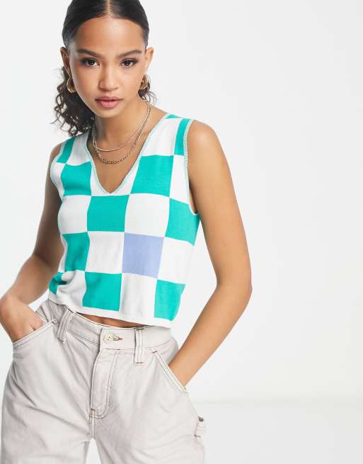 Urban Revivo - Crop top en maille à damier - Vert et blanc