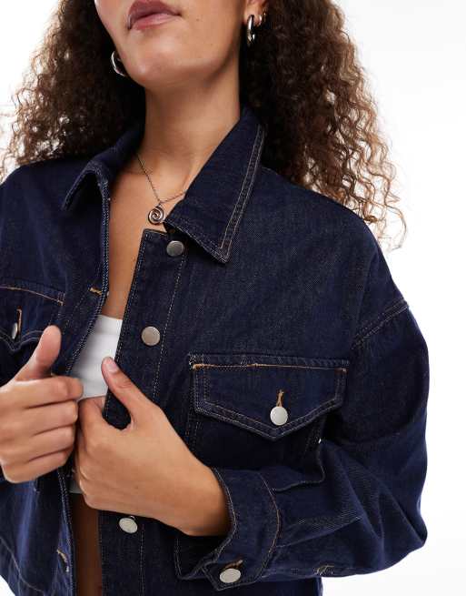 Urban Revivo cropped boxy denim jacket in indigo blue | ASOS