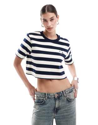 Urban Revivo Cropped Nautical T-shirt In Navy And White