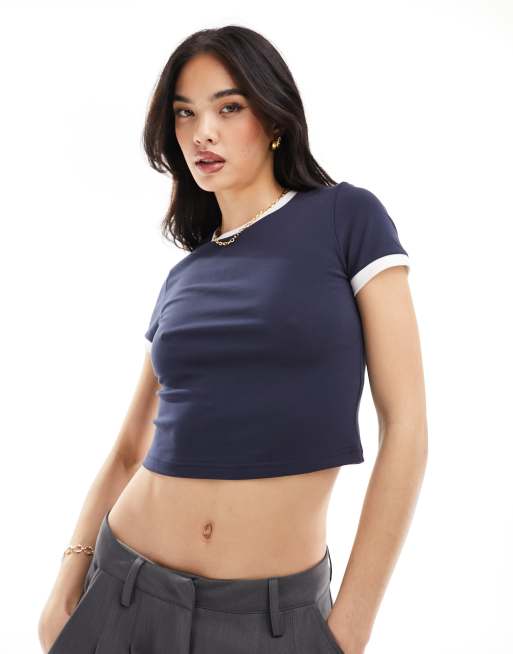 Urban Revivo cropped ringer baby t-shirt in navy