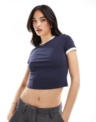 Urban Revivo cropped ringer baby t-shirt in navy