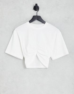 Urban Revivo cropped ruched detail top in white