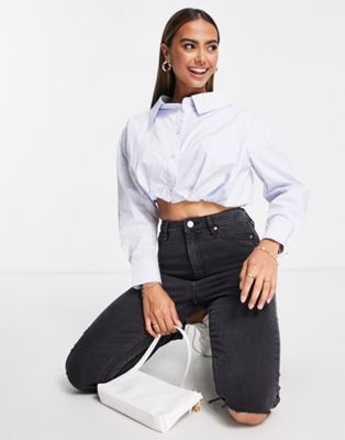 Urban Revivo Cropped Shirt In Pale Blue