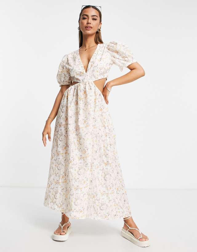 Urban Revivo cut out detail midi dress in white floral