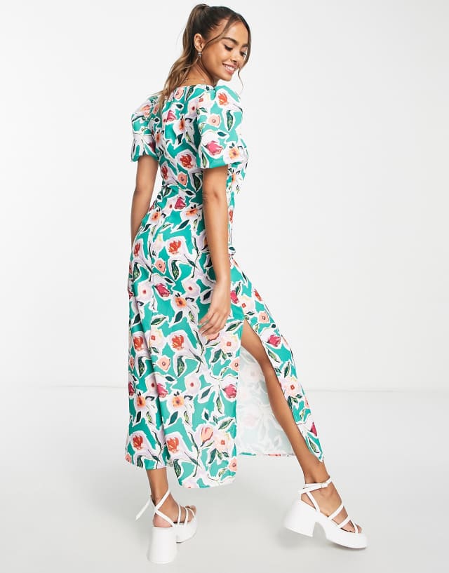 Urban Revivo cut out front midi dress in green print