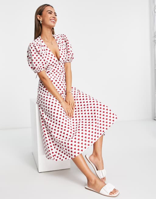 Red Heart Printed Wrap Midi Dress