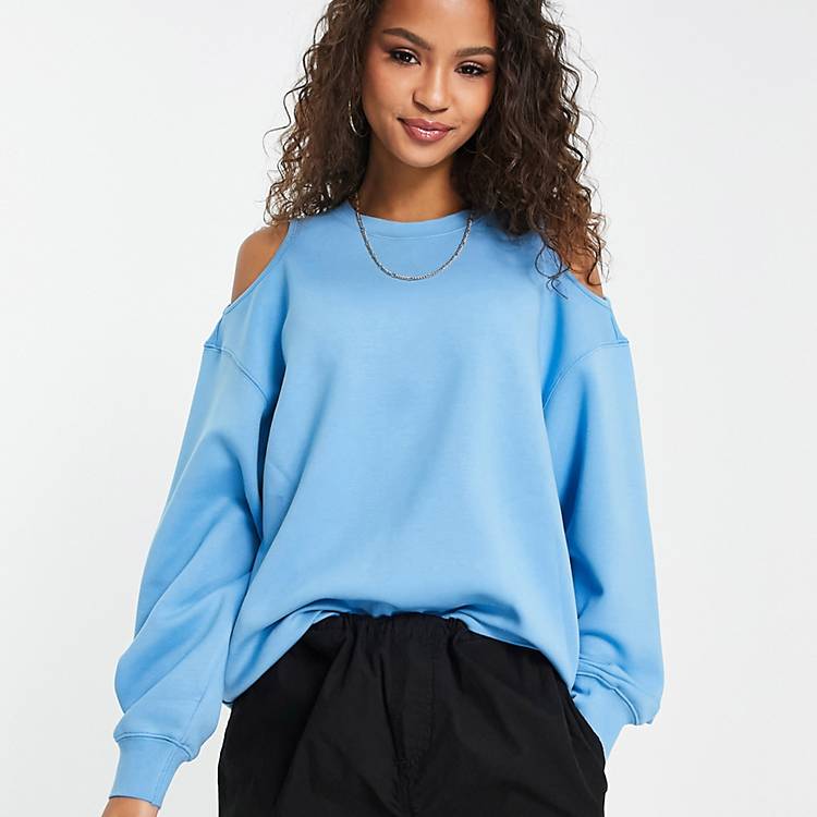 Urban Revivo cut-out shoulder detail sweatshirt in blue | ASOS