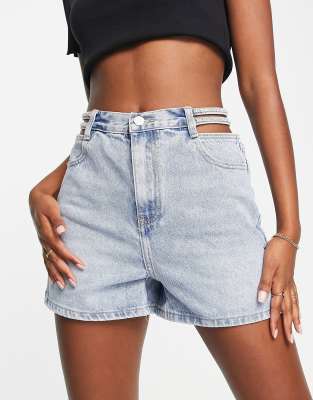 Urban Revivo cut out side denim shorts in blue