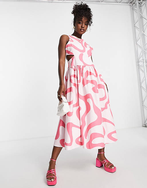 Urban Revivo cut out side maxi dress in pink swirl print