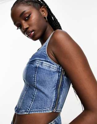 Urban Revivo Denim Corset Top In Blue