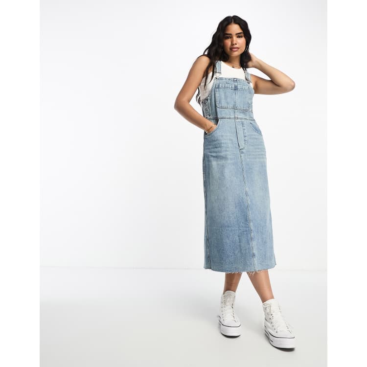 Urban Revivo denim dungaree midi dress in mid blue