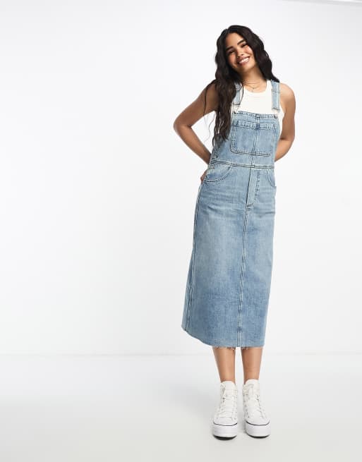 Urban Revivo denim dungaree midi dress in mid blue