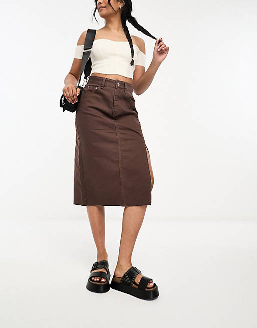 Urban Revivo denim midi skirt in brown | ASOS