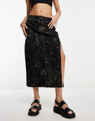 Urban Revivo Denim Midi Skirt With Split In Black Print