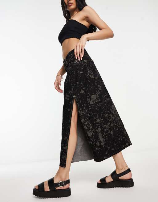 Urban Revivo denim midi skirt with split in black print ASOS