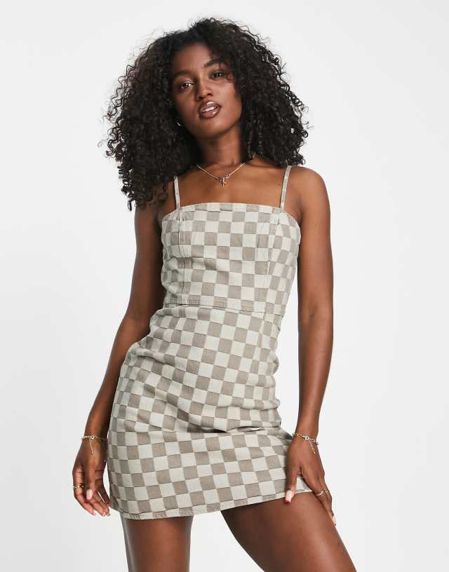 Urban Revivo denim plaid mini dress in beige