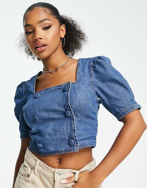 Denim crop best sale top puff sleeve