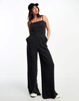 ASYOU satin cowl lattice jumpsuit with strap detail in black