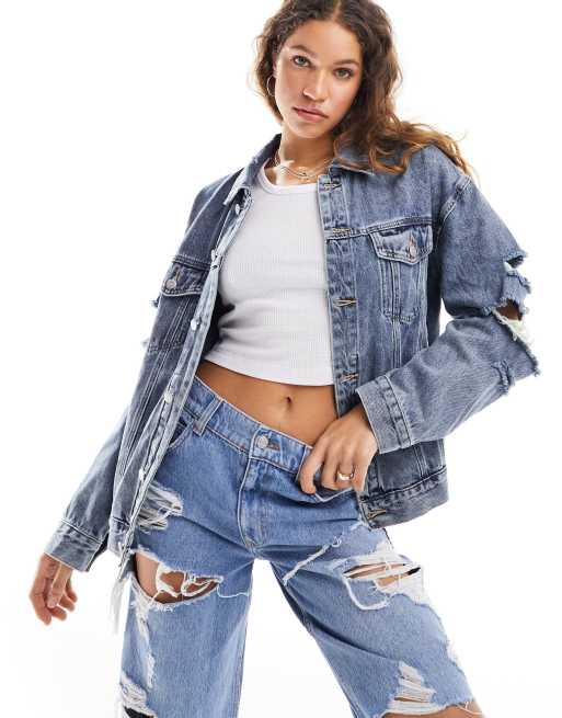 Oversized cropped distressed denim jacket sale