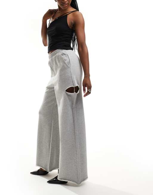 Urban Revivo distressed detail wide leg tracksuit pants in grey marl