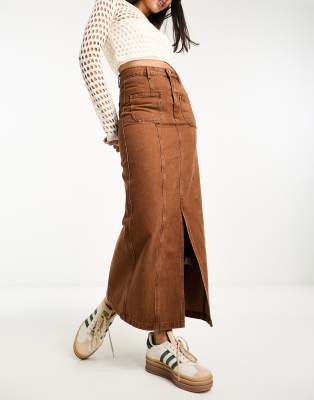 Urban Revivo Urban Revivo double pocket washed midi skirt in brown