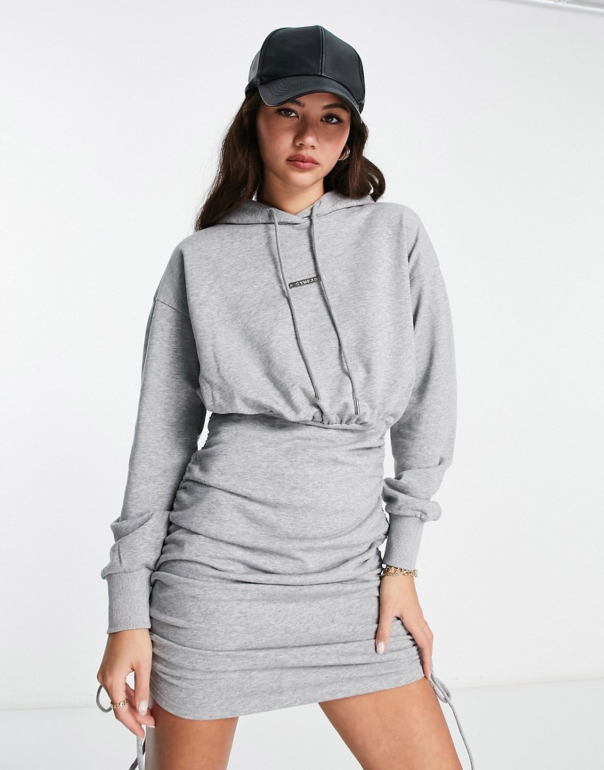 Urban Revivo drawstring midi hoodie sweatshirt dress with ruched side detail in light gray