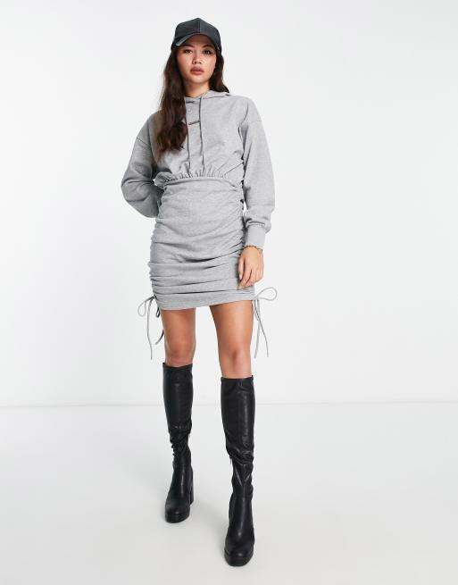 Urban Revivo drawstring midi hoodie sweatshirt dress with ruched side detail in light gray