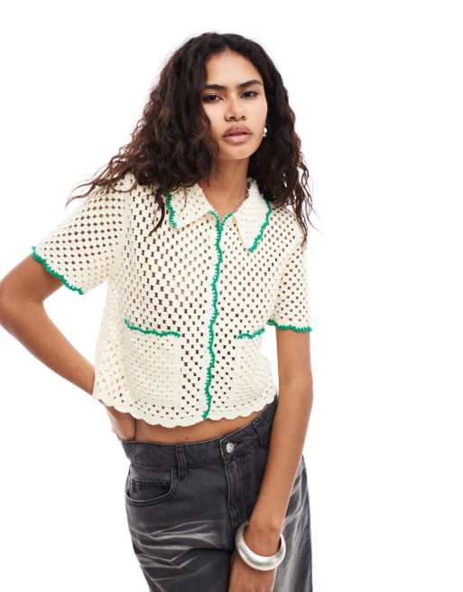 Urban Revivo edge detail crochet cropped shirt in cream